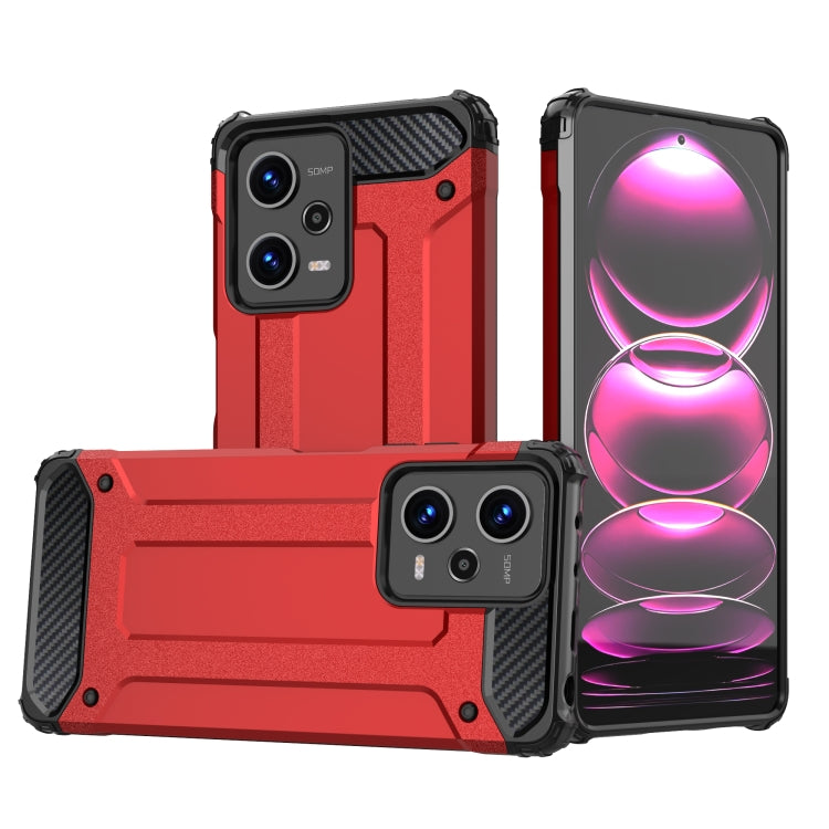 Rugged armored phone case with raised camera covers, two-piece TPU+PC design, red