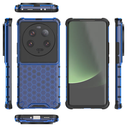 Blue shockproof honeycomb phone case showing front, back, and side cutouts.