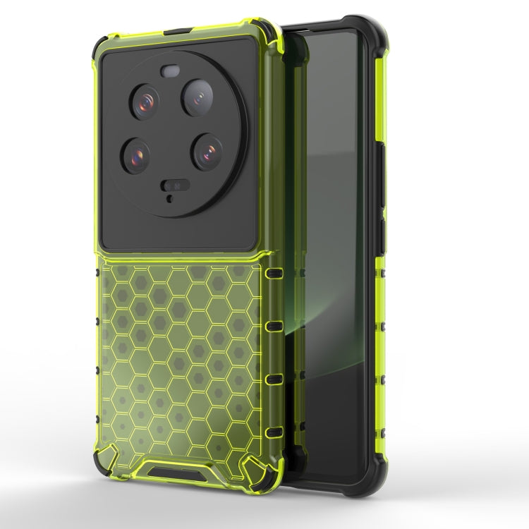 Shockproof honeycomb phone case in green with textured hex pattern and port openings.