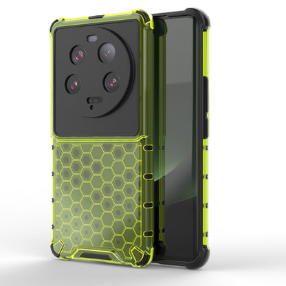 Shockproof honeycomb phone case in green with textured hex pattern and port openings.