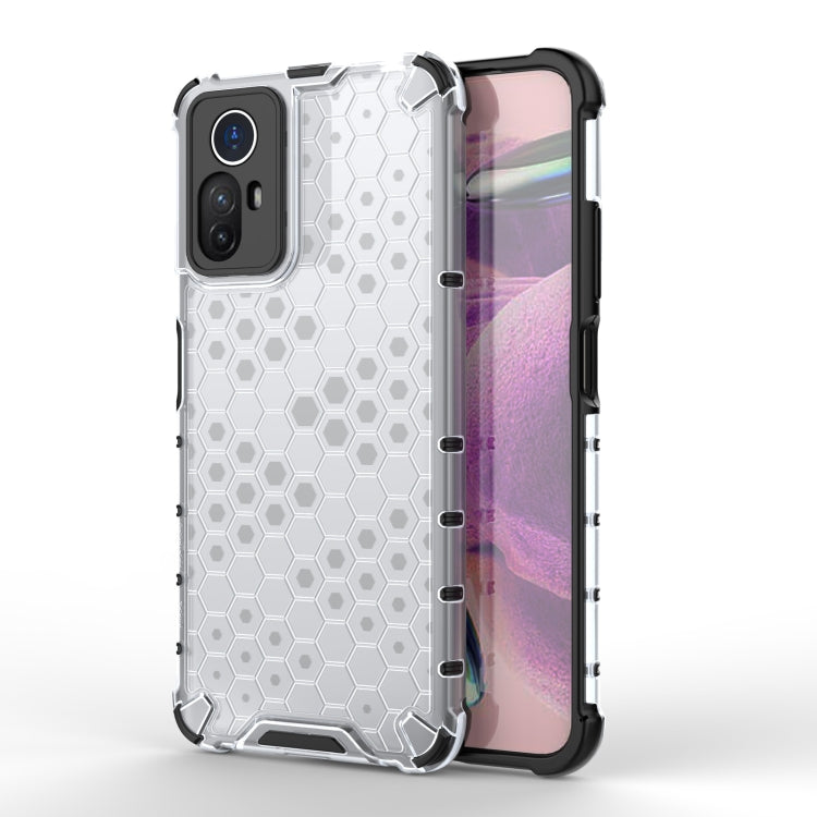 White shockproof honeycomb phone case with screen-edge guard and side button cutouts.