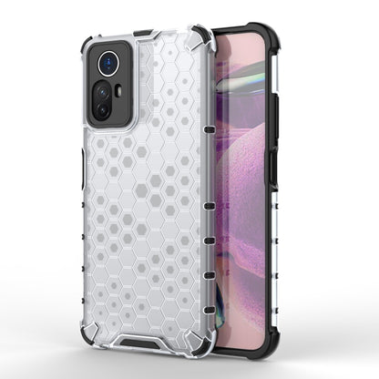 White shockproof honeycomb phone case with screen-edge guard and side button cutouts.