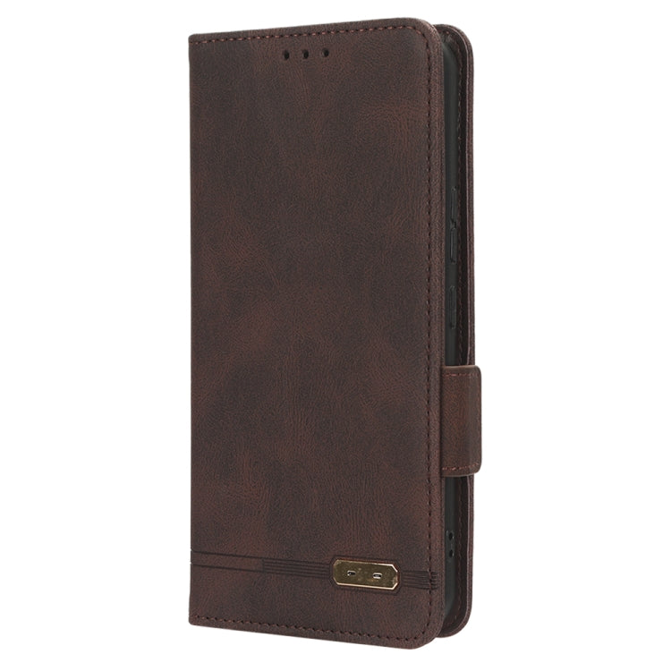 Brown leather folio phone case with magnetic clasp and stitched edge trim