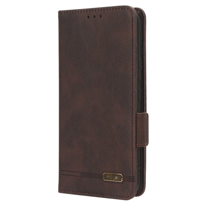 Brown leather folio phone case with magnetic clasp and stitched edge trim
