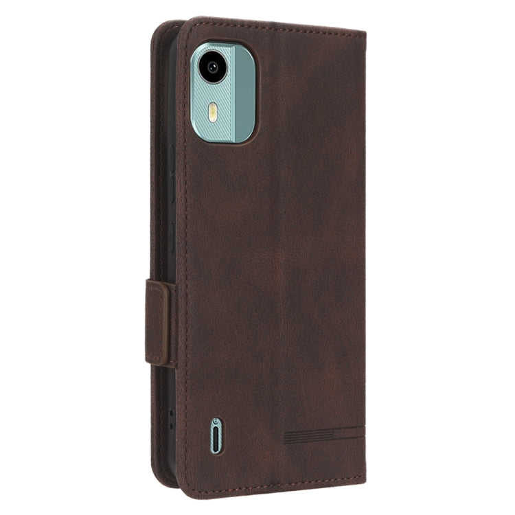 Brown leather wallet-style phone case with magnetic closure and camera cutout