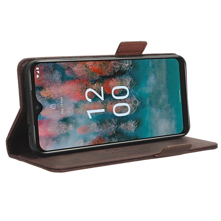 Brown leather folio phone case with magnetic clasp and viewing stand angle