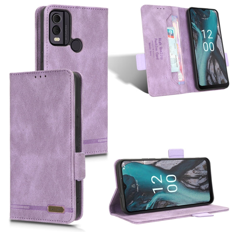 Purple magnetic clasp leather phone wallet case with card slots and kickstand