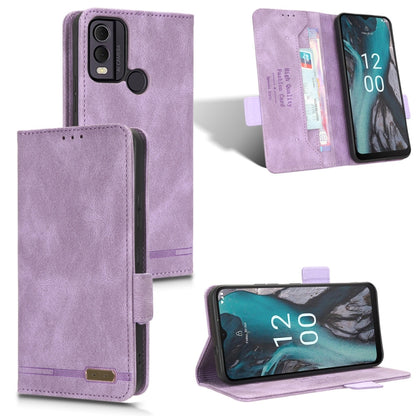 Purple magnetic clasp leather phone wallet case with card slots and kickstand