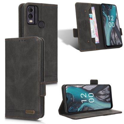 Charcoal black magnetic clasp leather phone wallet case with card slots and stand