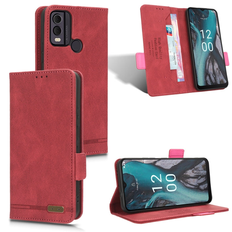 Red magnetic clasp leather phone wallet case with card slots and kickstand
