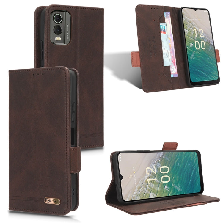 Brown magnetic clasp leather phone wallet case with card slots and viewing stand