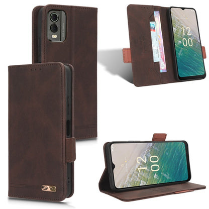 Brown magnetic clasp leather phone wallet case with card slots and viewing stand