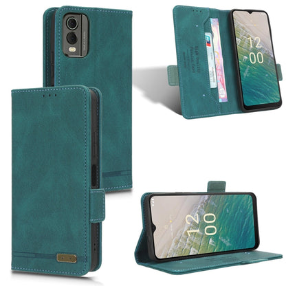 Magnetic clasp leather phone case with folio stand, teal green.