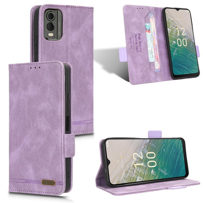 Magnetic clasp leather phone case with folio stand, purple.