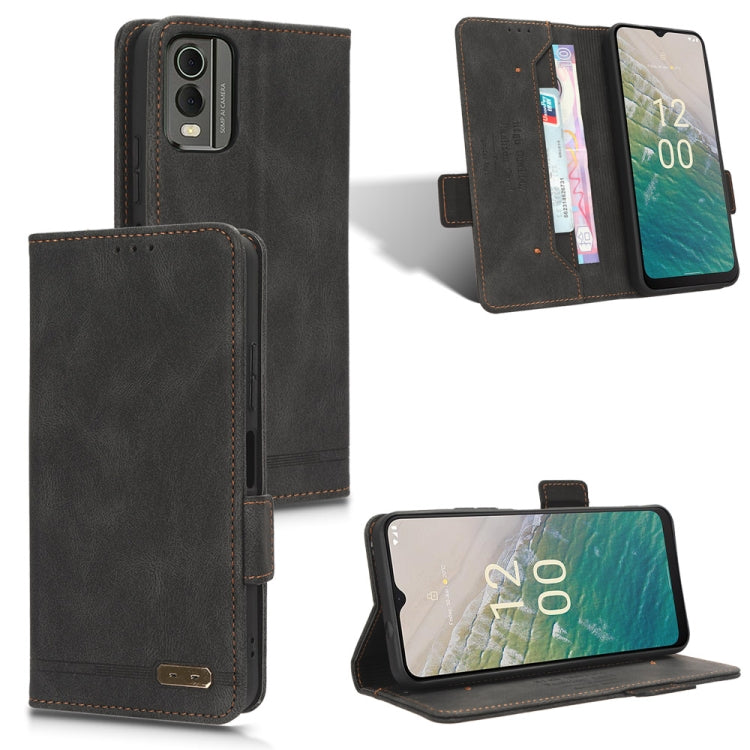 Magnetic clasp leather phone case with folio stand, dark gray black.