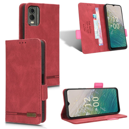 Magnetic clasp leather phone case with folio stand, red.