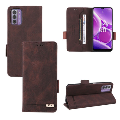 Brown leather phone case set with magnetic clasp, card slots, and folio cover