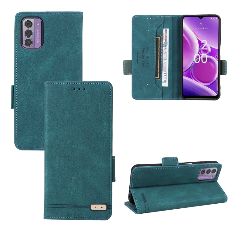 Teal leather folio phone case with magnetic clasp and stitched edge trim