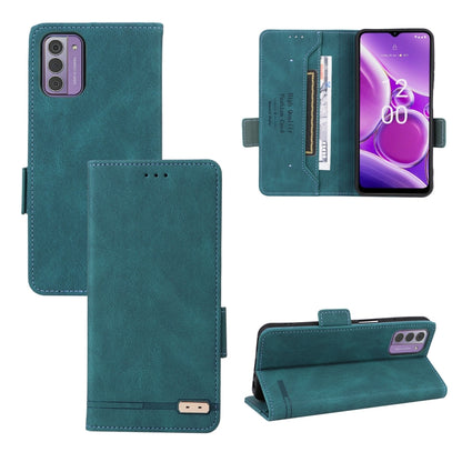 Teal leather folio phone case with magnetic clasp and stitched edge trim