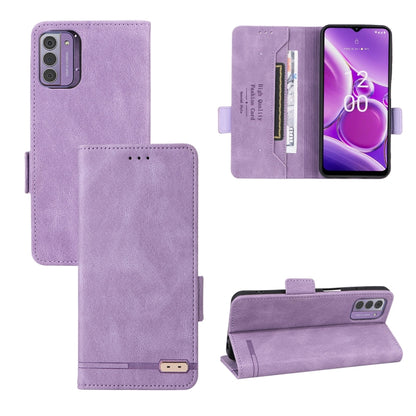 Purple leather folio phone case with magnetic clasp and inner card slots