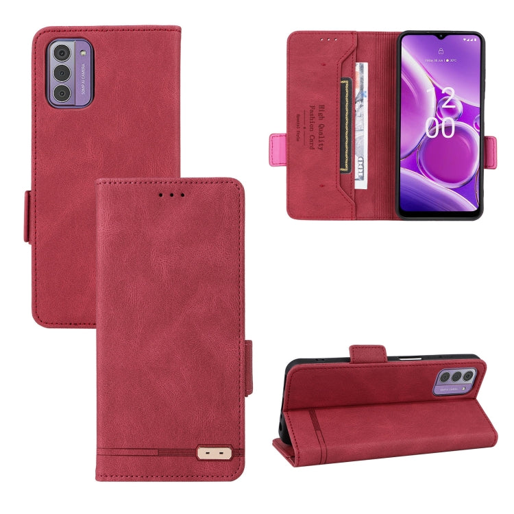 Pink red magnetic clasp leather phone wallet case with card slots and stand