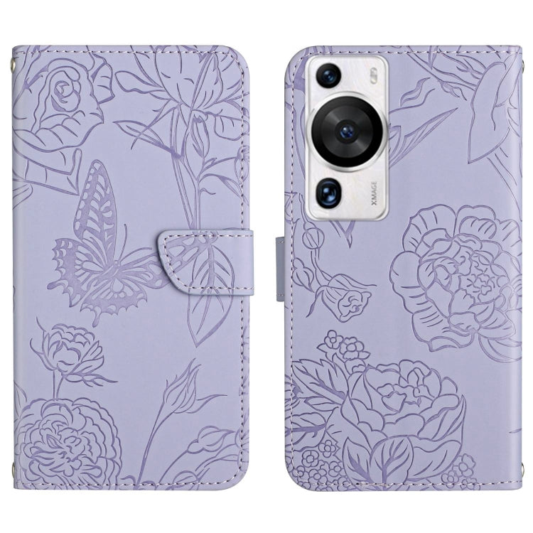 Purple butterfly-embossed flip leather phone case with card holder and camera cutout