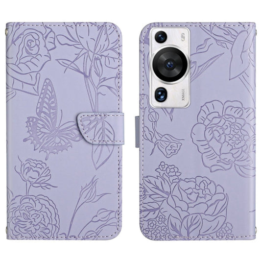 Purple butterfly-embossed flip leather phone case with card holder and camera cutout