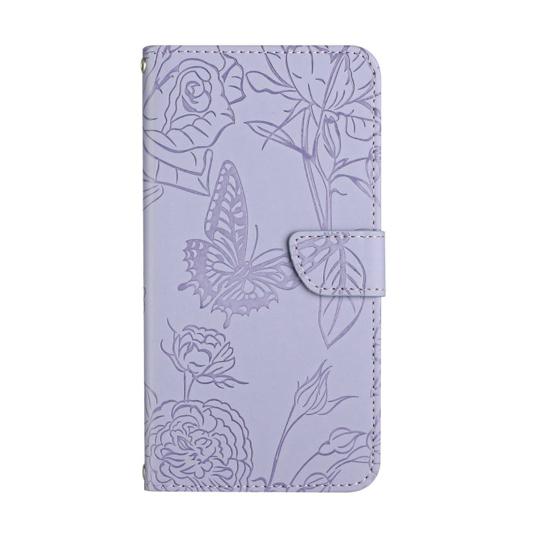 Lavender butterfly-embossed flip phone case with strap and card slot