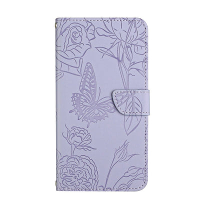 Lavender butterfly-embossed flip phone case with strap and card slot