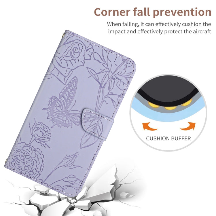 Purple butterfly-embossed flip phone case with corner drop-protection cushion