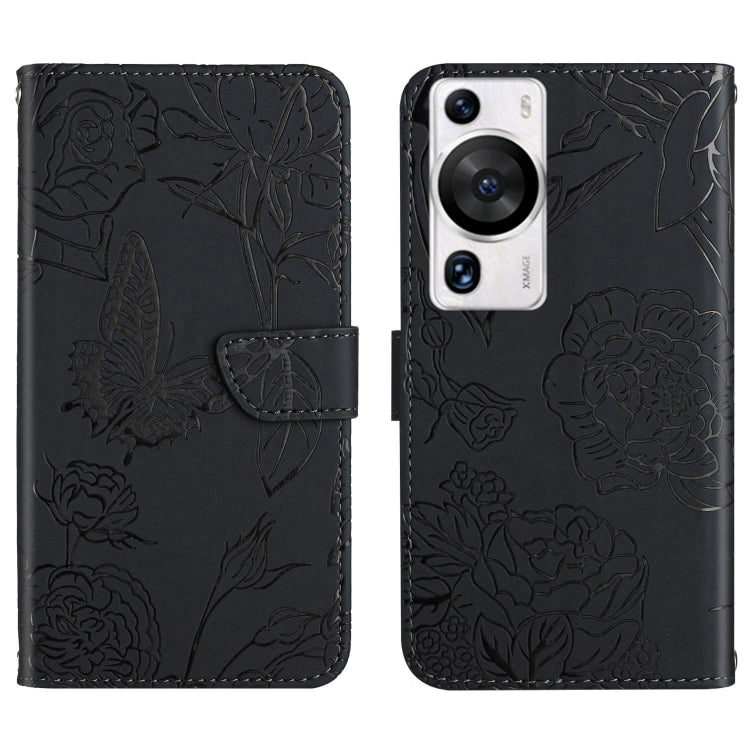 Black butterfly-embossed flip leather phone case with card holder and camera cutout