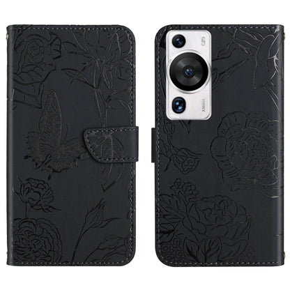 Black butterfly-embossed flip leather phone case with card holder and camera cutout
