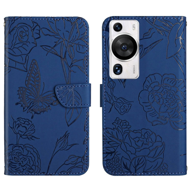 Blue butterfly-embossed flip leather phone case with card holder and camera cutout