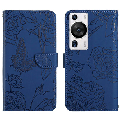 Blue butterfly-embossed flip leather phone case with card holder and camera cutout