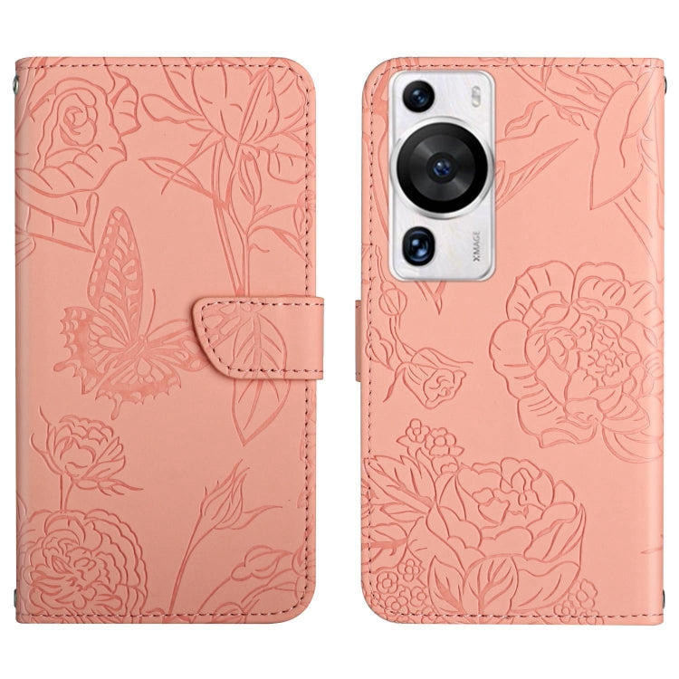 Pink butterfly-embossed flip leather phone case with card holder and camera cutout
