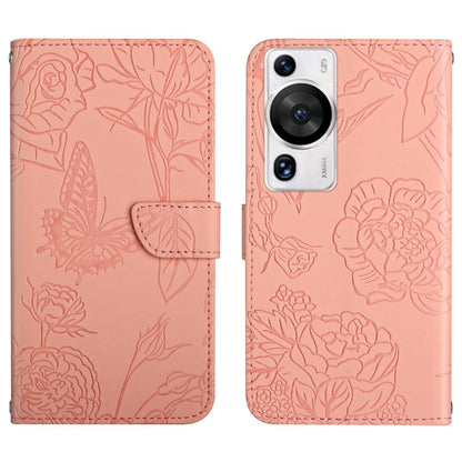 Pink butterfly-embossed flip leather phone case with card holder and camera cutout