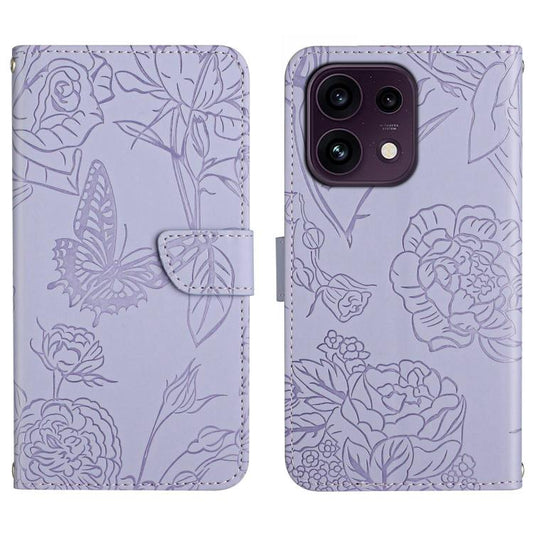 Lavender butterfly-embossed flip phone case with magnetic strap and card-slot window.