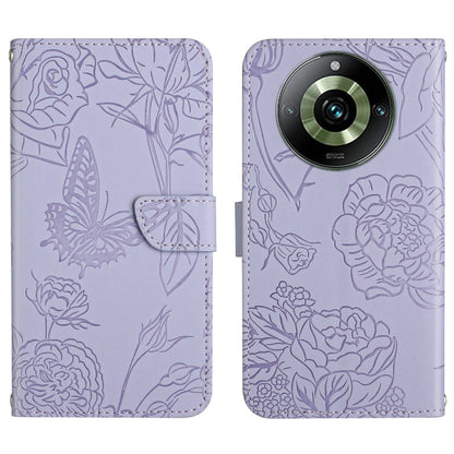 Butterfly embossed flip leather phone case in lavender with camera cutout and card holder flap