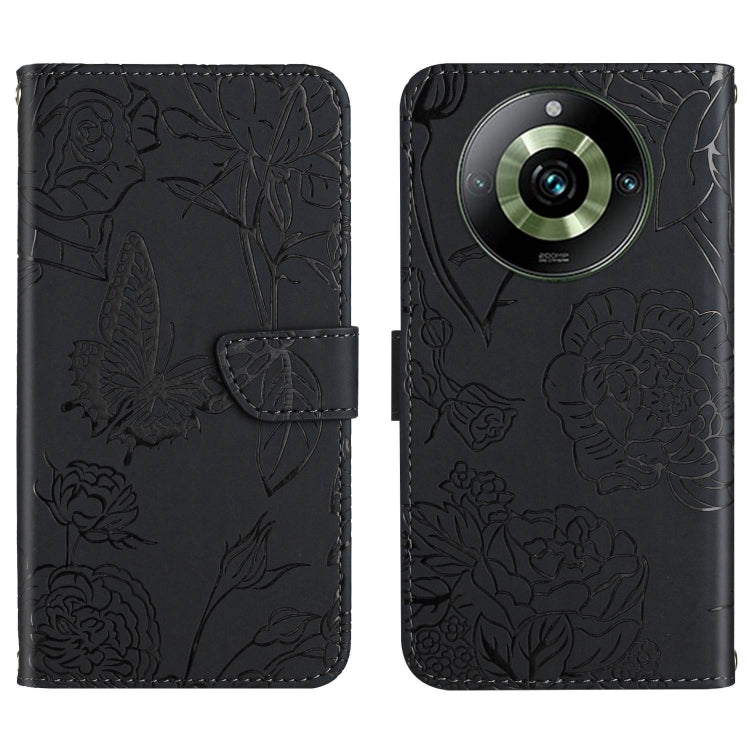 Butterfly embossed flip leather phone case in dark with camera cutout and card holder flap