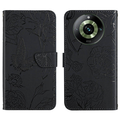 Butterfly embossed flip leather phone case in dark with camera cutout and card holder flap