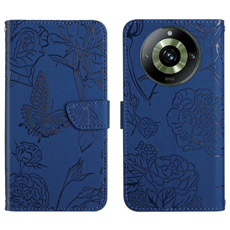 Butterfly embossed flip leather phone case in blue with camera cutout and card holder flap