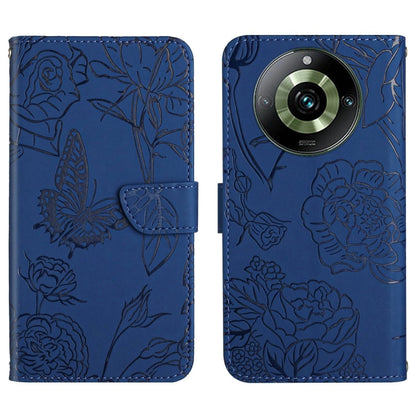 Butterfly embossed flip leather phone case in blue with camera cutout and card holder flap