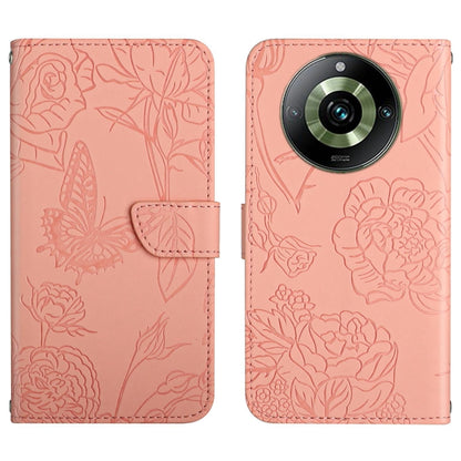Butterfly embossed flip leather phone case in light pink with camera cutout and card holder flap