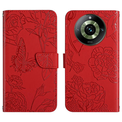 Butterfly embossed flip leather phone case in red with camera cutout and stitched butterfly pattern