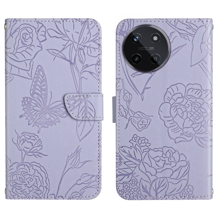 Lavender flip phone case with embossed butterfly-and-flower pattern, card slot, strap