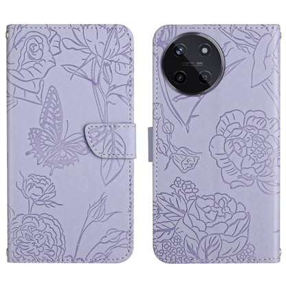 Lavender flip phone case with embossed butterfly-and-flower pattern, card slot, strap