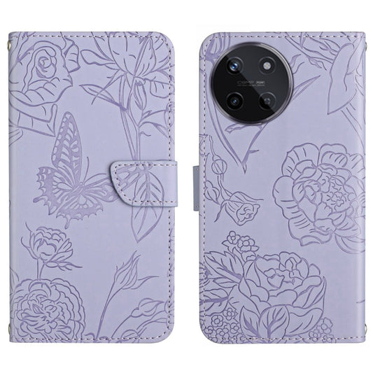 Lavender flip phone case with embossed butterfly-and-flower pattern, card slot, strap