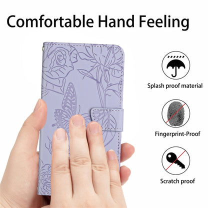 Light purple flip phone case with butterfly emboss, stitched strap tab, comfortable grip