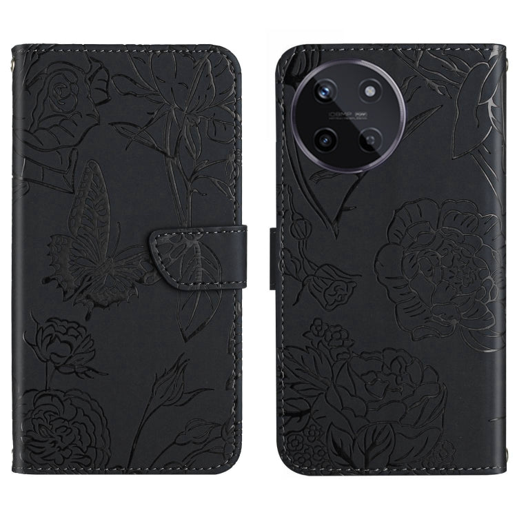Black flip phone case with embossed butterfly-and-flower pattern, card slot, strap