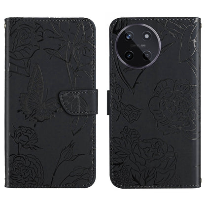 Black flip phone case with embossed butterfly-and-flower pattern, card slot, strap
